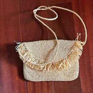 Elegant Tan Woven Crossbody Bag with Fringe